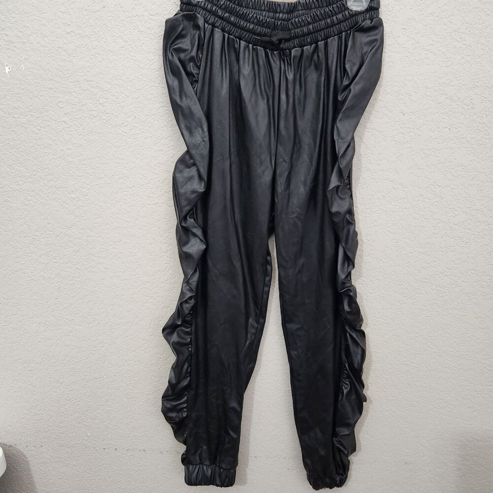 Like An Angel Faux Leather Jogger Pants Womens Medium Ruffle Black